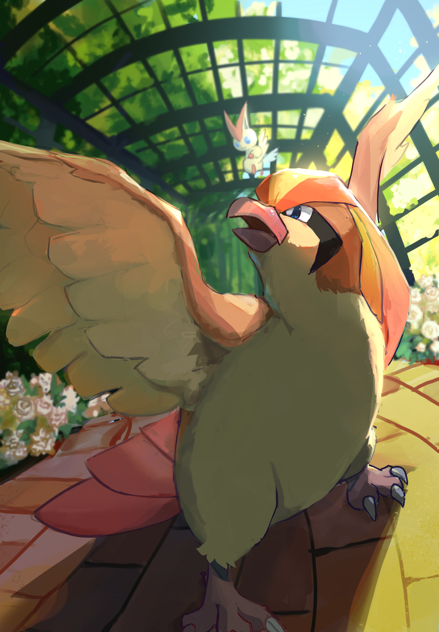 chufflepop, pidgeot, victini, nintendo, pokemon, highres, beak, bird, blue sky, day, flower, gen 1 pokemon, gen 5 pokemon, greenhouse, legendary pokemon, mythical pokemon, no humans, open mouth, pokemon (creature), sky, solo focus, tile floor, tiles, tree, white flower