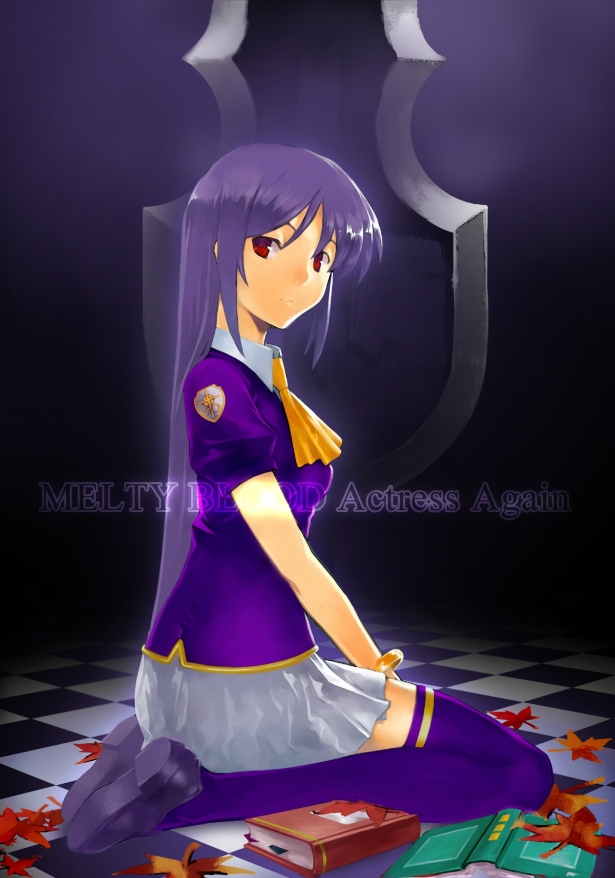nfb-zmc, sion eltnam (type-moon), sion eltnam atlasia, melty blood, tsukihime, type-moon, highres, 00s, book, long hair, purple hair, red eyes, sitting, solo, thighhighs, zettai ryouiki