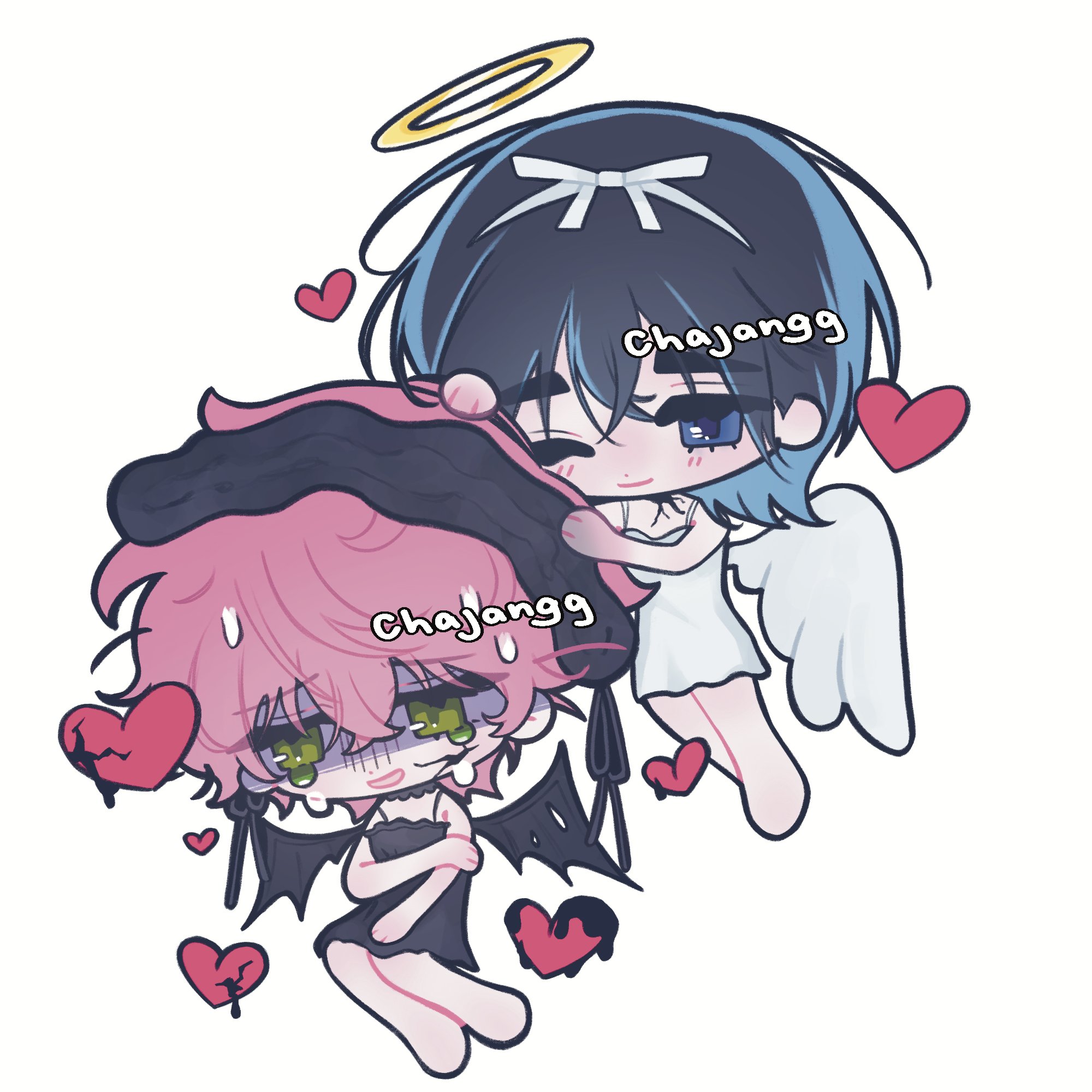 mizi (alien stage), sua (alien stage), alien stage, highres, 2girls, angel wings, black dress, black hair, blue eyes, bow, chajangg1, chibi, chibi only, closed mouth, crying, dress, full body, green eyes, hair between eyes, halo, hand on own arm, hands on another's head, headband, heart, multiple girls, one eye closed, open mouth, pink hair, shaded face, short hair, simple background, smile, sweatdrop, white background, white bow, white dress, white headband, white wings, wings, yellow halo