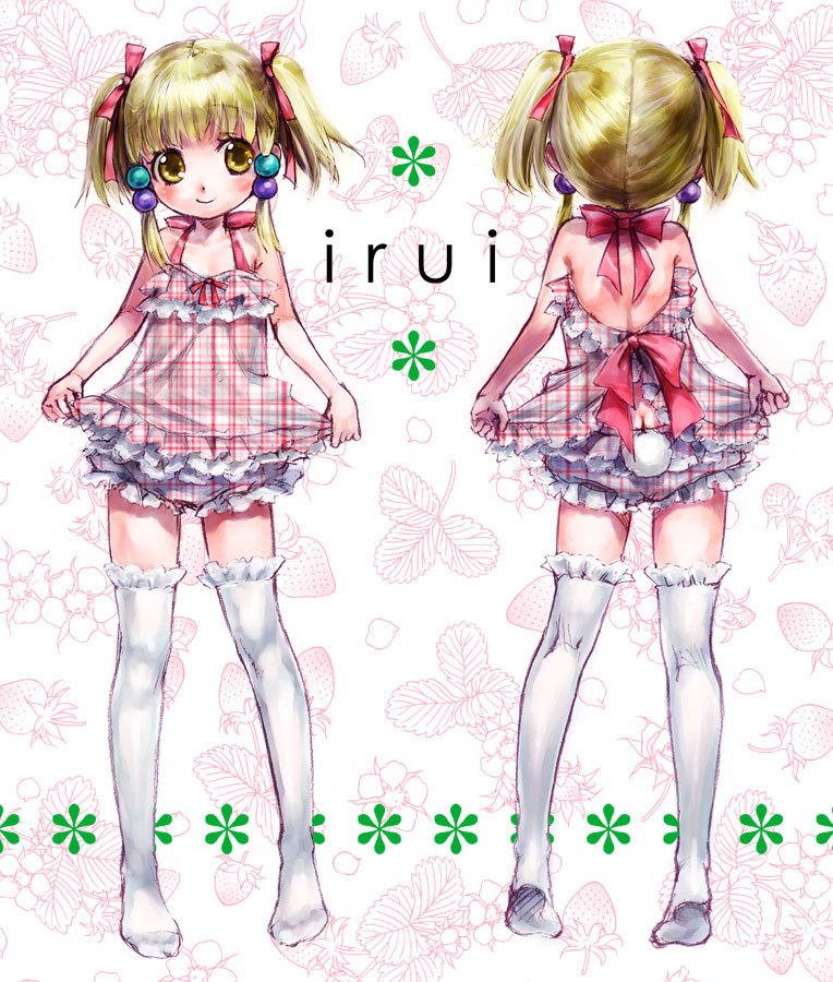 nakamura kanko, irui guneden, banpresto, super robot wars, bad id, bad pixiv id, md5 mismatch, 1girl, back, bare shoulders, berry, blonde hair, bloomers, blush, butt crack, character name, feet, food, frills, fruit, legs, loli, multiple views, rabbit tail, ribbon, short twintails, smile, strawberry, tail, thighhighs, twintails, underwear, white bloomers, yellow eyes