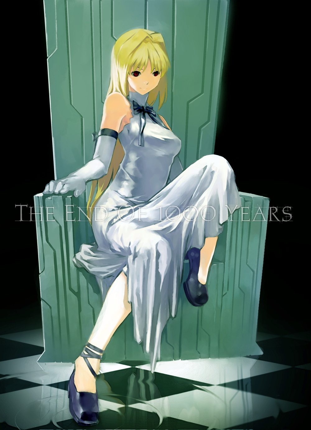 nfb-zmc, arcueid brunestud, tsukihime, highres, 00s, 1girl, bare shoulders, blonde hair, dress, elbow gloves, female focus, gloves, long dress, long hair, sitting, sleeveless, solo, white dress