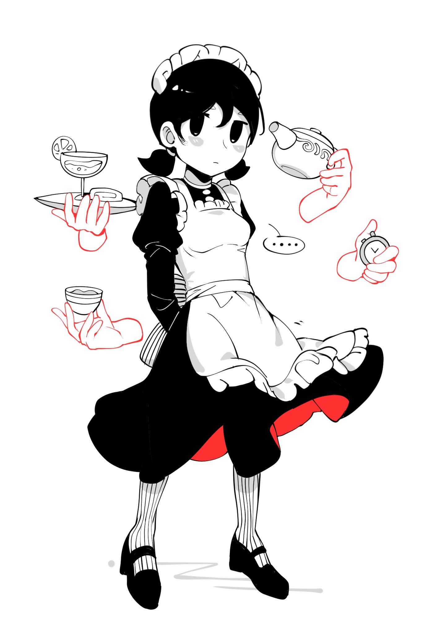 zs zealsummer, omori (omori), omori, commentary, english commentary, highres, …, 1girl, alternate costume, apron, arms behind back, back bow, bow, breasts, buttons, closed mouth, cup, double-parted bangs, dress, enmaided, food, frilled apron, frills, fruit, genderswap, genderswap (mtf), glass, greyscale, hair behind ear, hair between eyes, headdress, high contrast, holding, holding cup, holding plate, holding teapot, jitome, juliet sleeves, lemon, lemon slice, long sleeves, looking at viewer, low twintails, maid, maid apron, maid headdress, mary janes, monochrome, no pupils, plate, puffy sleeves, red dress, ribbed pantyhose, shoes, short hair, short twintails, sideways glance, simple background, small breasts, solo, spoken ellipsis, spot color, standing, striped bow, teapot, twintails, two-sided dress, two-sided fabric, white background