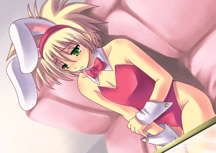 born free, prince of samantoria, chunsoft, dragon quest, dragon quest ii, enix, 1980s (style), bad id, bad pixiv id, 1boy, animal ears, bare legs, blonde hair, fake animal ears, green eyes, male focus, male playboy bunny, oldschool, playboy bunny, rabbit ears, retro artstyle, short hair, sitting, solo, trap