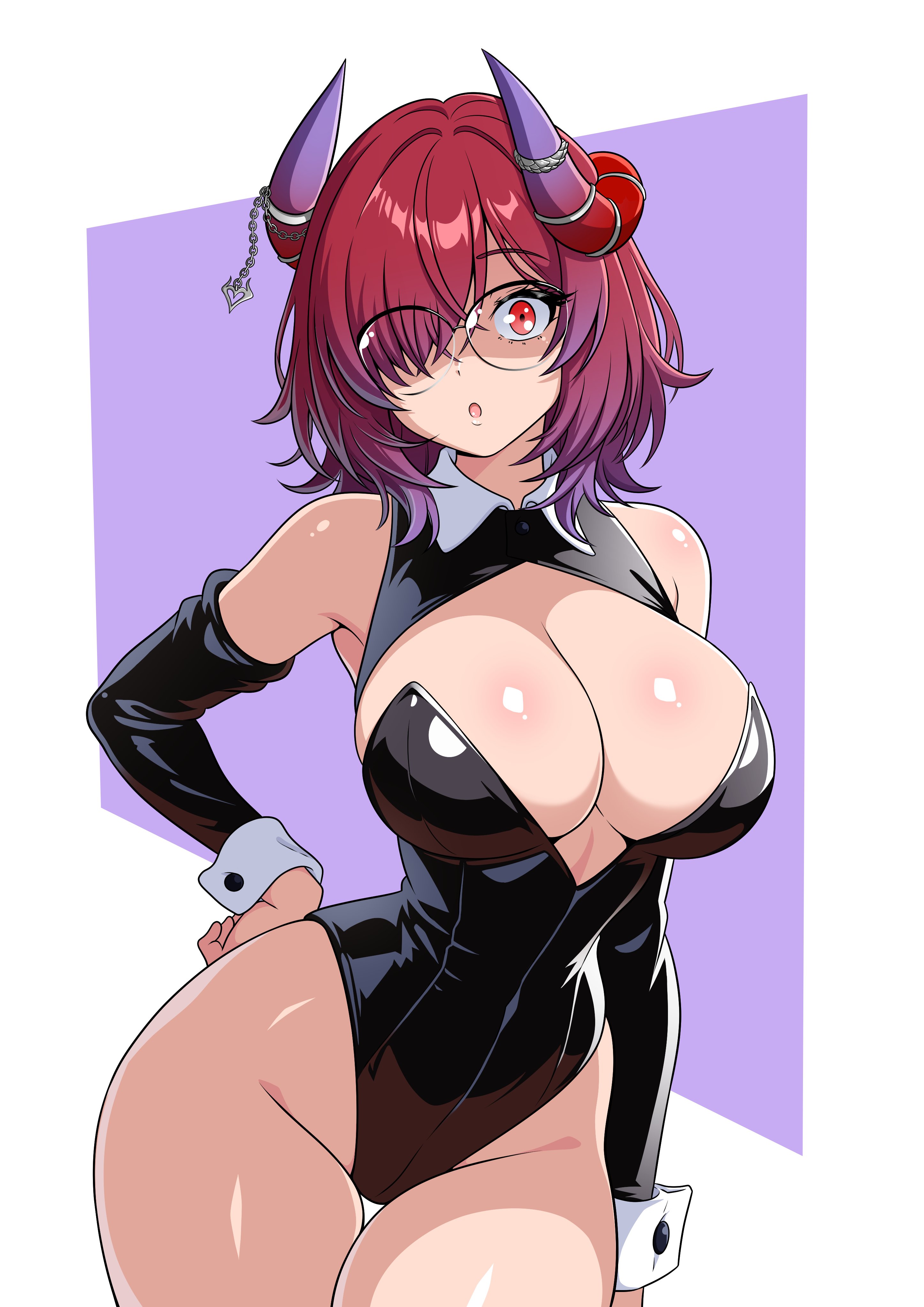 theoiledone, original, absurdres, commentary, commission, highres, 1girl, armpits, black leotard, black sleeves, borrowed character, breasts, cleavage, curvy, demon girl, demon horns, glasses, groin, hair over one eye, hand on own hip, horn ornament, horn ring, horns, large breasts, leotard, looking at viewer, open mouth, playboy bunny, red eyes, red hair, shadow, short hair, solo, surprised, thick thighs, thighs, white wrist cuffs, wrist cuffs
