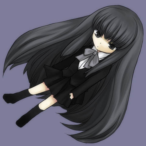 suou kuyou, suzumiya haruhi no yuuutsu, lowres, 00s, chibi, kouyouen academy school uniform, long hair, school uniform, solo, very long hair