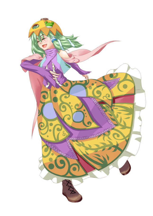 babato, kochiya sanae, touhou, bad id, bad pixiv id, 1girl, alternate costume, bare shoulders, boots, closed eyes, dress, female focus, frog, full body, green hair, hair ornament, halloween, happy, hat, jack-o'-lantern, long hair, open mouth, pumpkin, pumpkin hat, simple background, smile, snake, solo, white background