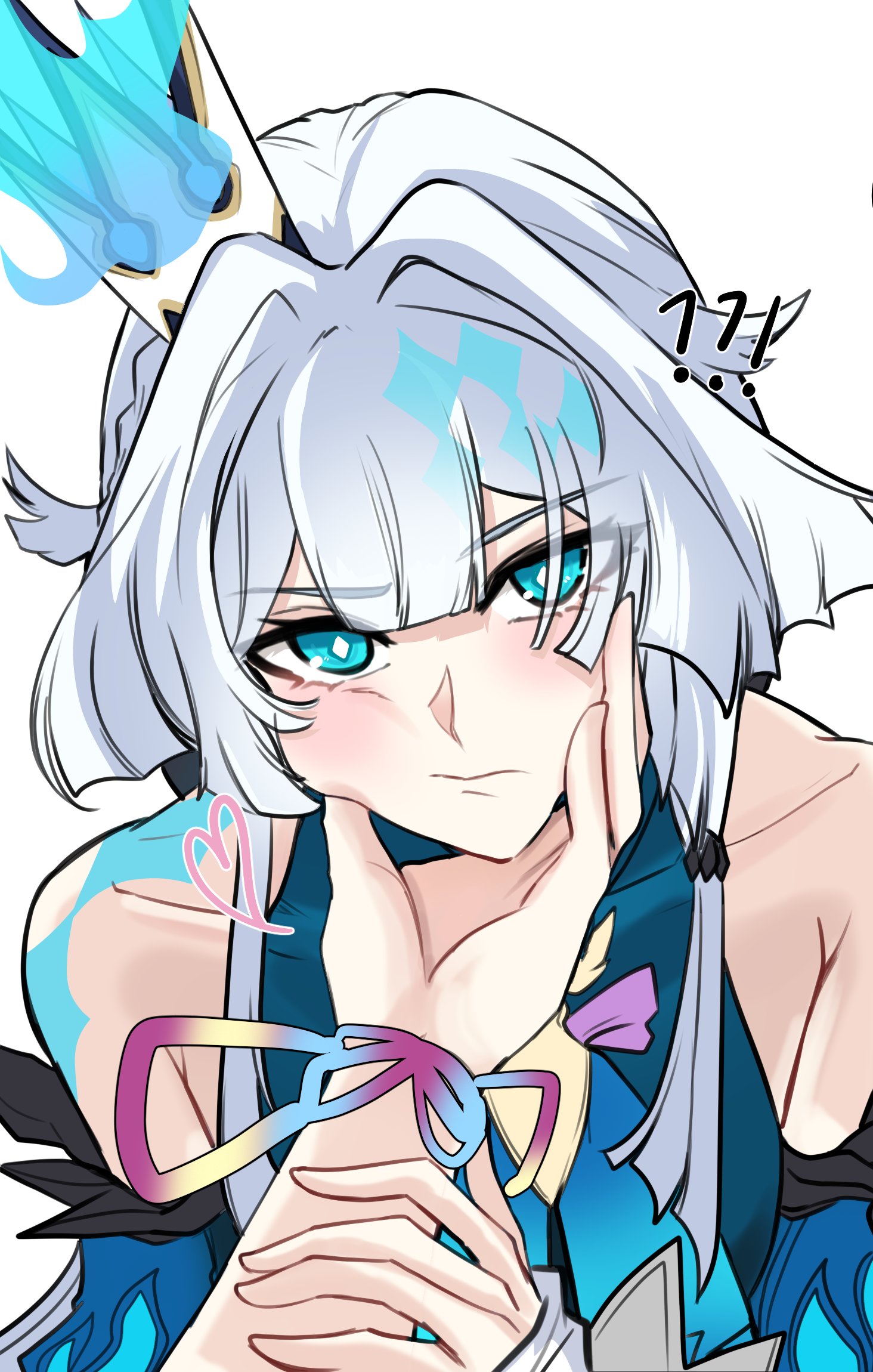 choikfu, cerydra (honkai: star rail), cyrene (honkai: star rail), cyrene (ripples of past reverie) (honkai: star rail), honkai: star rail, honkai (series), commentary, english commentary, highres, !?, 2girls, bare shoulders, blue dress, blue eyes, crown, dress, female pov, hand on another's cheek, hand on another's face, long hair, looking at viewer, multiple girls, pov, pov hands, simple background, white background
