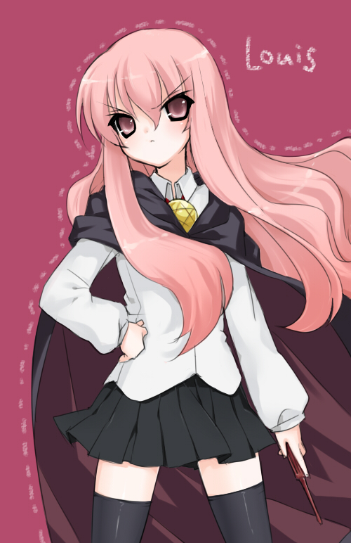 kooriyama ichirou, koriyama shashi, louise francoise le blanc de la valliere, zero no tsukaima, 00s, 1girl, cape, character name, female focus, pentacle, pink background, pink hair, school uniform, serafuku, skirt, solo, thighhighs, wand, zettai ryouiki