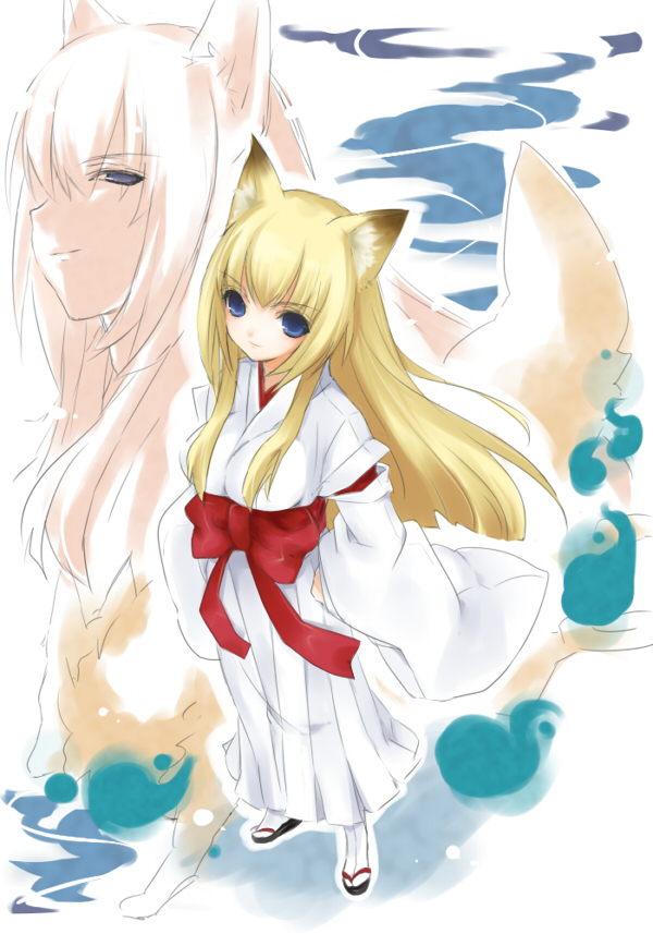 kooriyama ichirou, koriyama shashi, tenko kuugen, wagaya no oinari-sama, white legwear, >:), 00s, 1girl, animal ears, blue eyes, bow, breasts, cat ears, closed mouth, cloud, fox ears, full body, geta, half-closed eyes, japanese clothes, kimono, looking at viewer, medium breasts, miko, multiple views, red bow, sandals, sash, sidelocks, smile, standing, tabi, upper body, v-shaped eyebrows, white hair, white kimono, zouri
