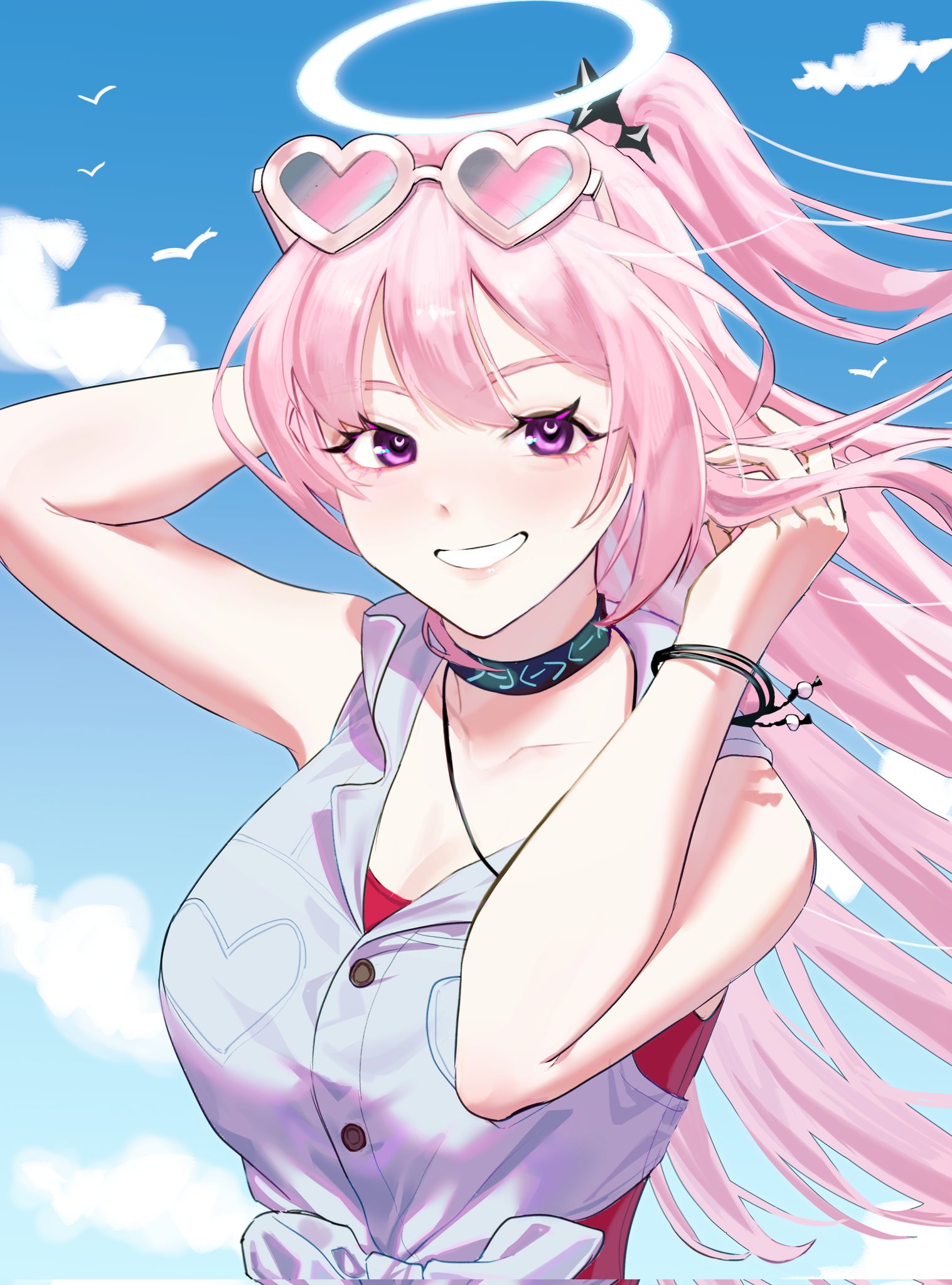 ambriel (arknights), ambriel (holiday) (arknights), infection monitor (arknights), arknights, highres, :d, adjusting hair, angel, arm behind head, bare shoulders, bird, blue sky, bracelet, breasts, casual one-piece swimsuit, cleavage, cloud, cloudy sky, collarbone, day, double-parted bangs, eyewear on head, hair between eyes, hair ornament, halo, heart, heart-shaped eyewear, high side ponytail, jewelry, light blush, long hair, looking at viewer, magnum 0000, medium breasts, official alternate costume, one-piece swimsuit, open mouth, pink hair, purple eyes, red one-piece swimsuit, shirt, side ponytail, sky, smile, star (symbol), star hair ornament, swimsuit, tied shirt, tinted eyewear, white-framed eyewear, white shirt
