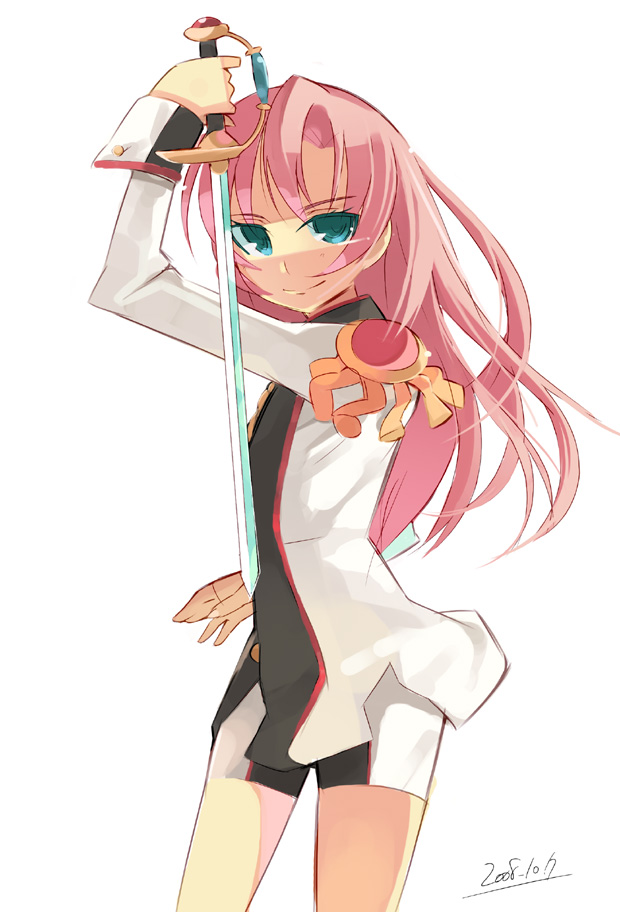 noripachi, tenjou utena, shoujo kakumei utena, shoujo kakumei utena adolescence mokushiroku, 1990s (style), epaulettes, pink hair, retro artstyle, solo, sword, weapon