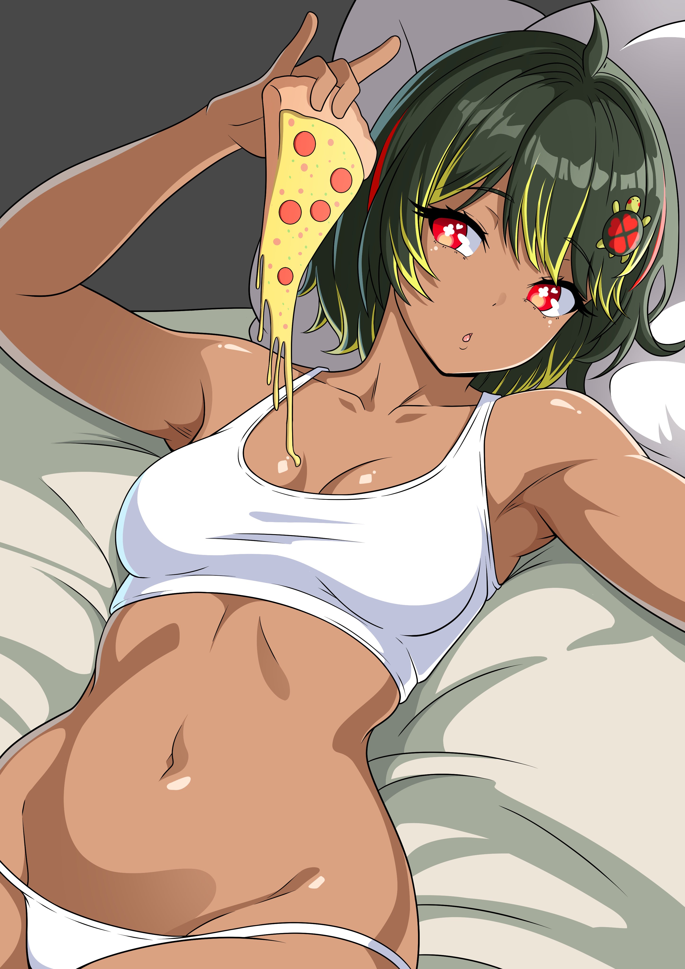theoiledone, original, absurdres, commentary, commission, english commentary, highres, 1girl, armpits, bra, breasts, dark-skinned female, dark skin, food, green hair, groin, holding, holding food, holding pizza, looking at object, lying, medium breasts, multicolored hair, navel, on back, on bed, open mouth, panties, pillow, pizza, pizza slice, red eyes, short hair, solo, stomach, streaked hair, symbol-shaped pupils, underwear, white bra, white panties