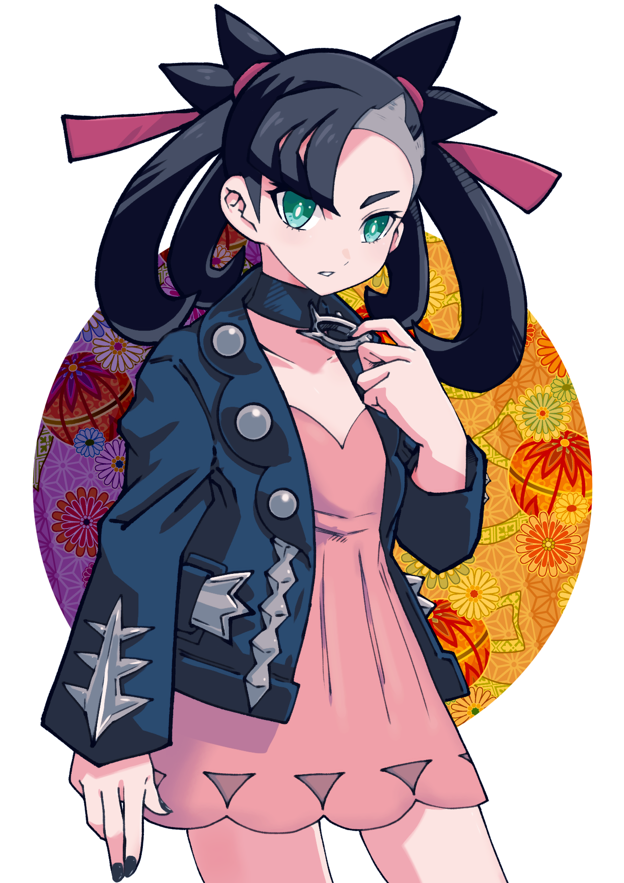 batchgooya, marnie (pokemon), nintendo, pokemon, pokemon swsh, highres, 1girl, asymmetrical bangs, black choker, black hair, black jacket, black nails, choker, collarbone, cowboy shot, dress, green eyes, hand up, jacket, nail polish, parted lips, pink dress, red ribbon, ribbon, solo, standing, twintails, undercut, white background