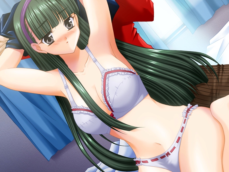 kujou fueko, tonomura katsumi, happy planning, game cg, non-web source, 1girl, bed, black eyes, blush, bra, breasts, female focus, green hair, hairband, large breasts, lingerie, long hair, panties, solo, underwear, underwear only, undressing
