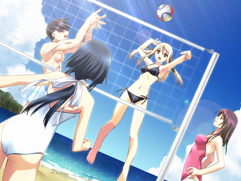 murakami suigun, ieuji kazuno, miyatsuji shizuru, oriyama nayuri, silvery white, game cg, non-web source, 1boy, 3girls, ball, barefoot, beach, beach volleyball, bikini, black hair, blonde hair, brown eyes, brown hair, cloud, day, dutch angle, feet, jumping, legs, lens flare, long hair, multiple girls, navel, open mouth, outdoors, ponytail, side-tie bikini bottom, sky, sunlight, swimsuit, toes, volleyball, volleyball (object)