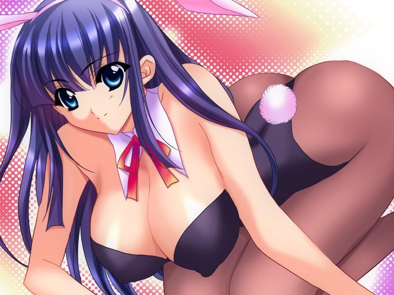 shindou mikeko, fuutou shizune, oshioki sweetie, 1girl, all fours, animal ears, arched back, ass, bare shoulders, blue eyes, blue hair, bow, breasts, brown pantyhose, cleavage, covered erect nipples, detached collar, dutch angle, fake animal ears, female focus, hair between eyes, hairband, halftone, halftone background, hanging breasts, kneeling, large breasts, leotard, long hair, looking at viewer, matching hair/eyes, pantyhose, playboy bunny, profile, rabbit ears, rabbit tail, rainbow background, ribbon, sidelocks, smile, solo, tail, thong leotard, very long hair