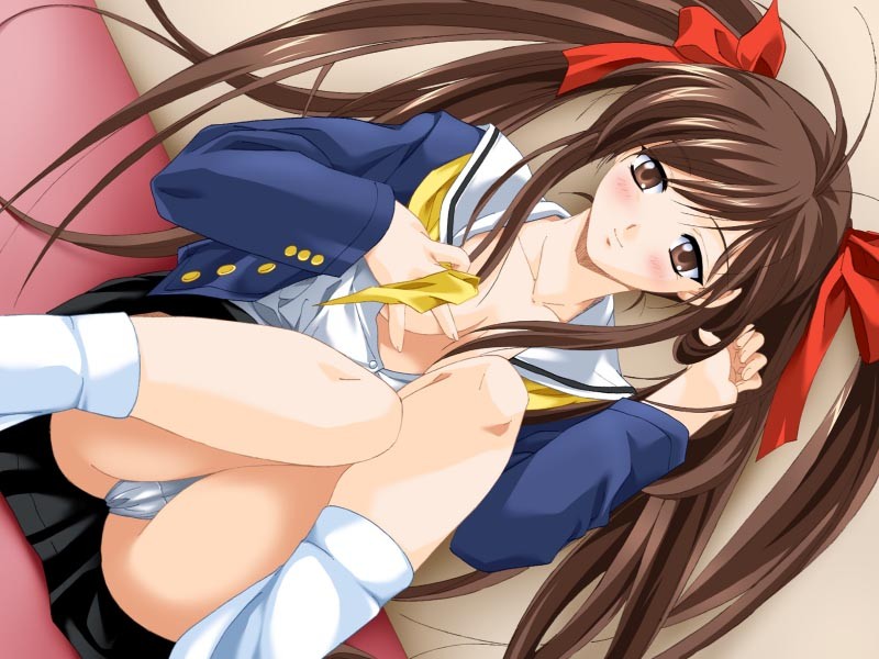 suzuhira hiro, android type c, berry's, tune up!!, game cg, non-web source, 1girl, breasts, brown eyes, brown hair, female focus, long hair, open clothes, open shirt, panties, pantyshot, school uniform, serafuku, shirt, small breasts, socks, solo, twintails, underwear