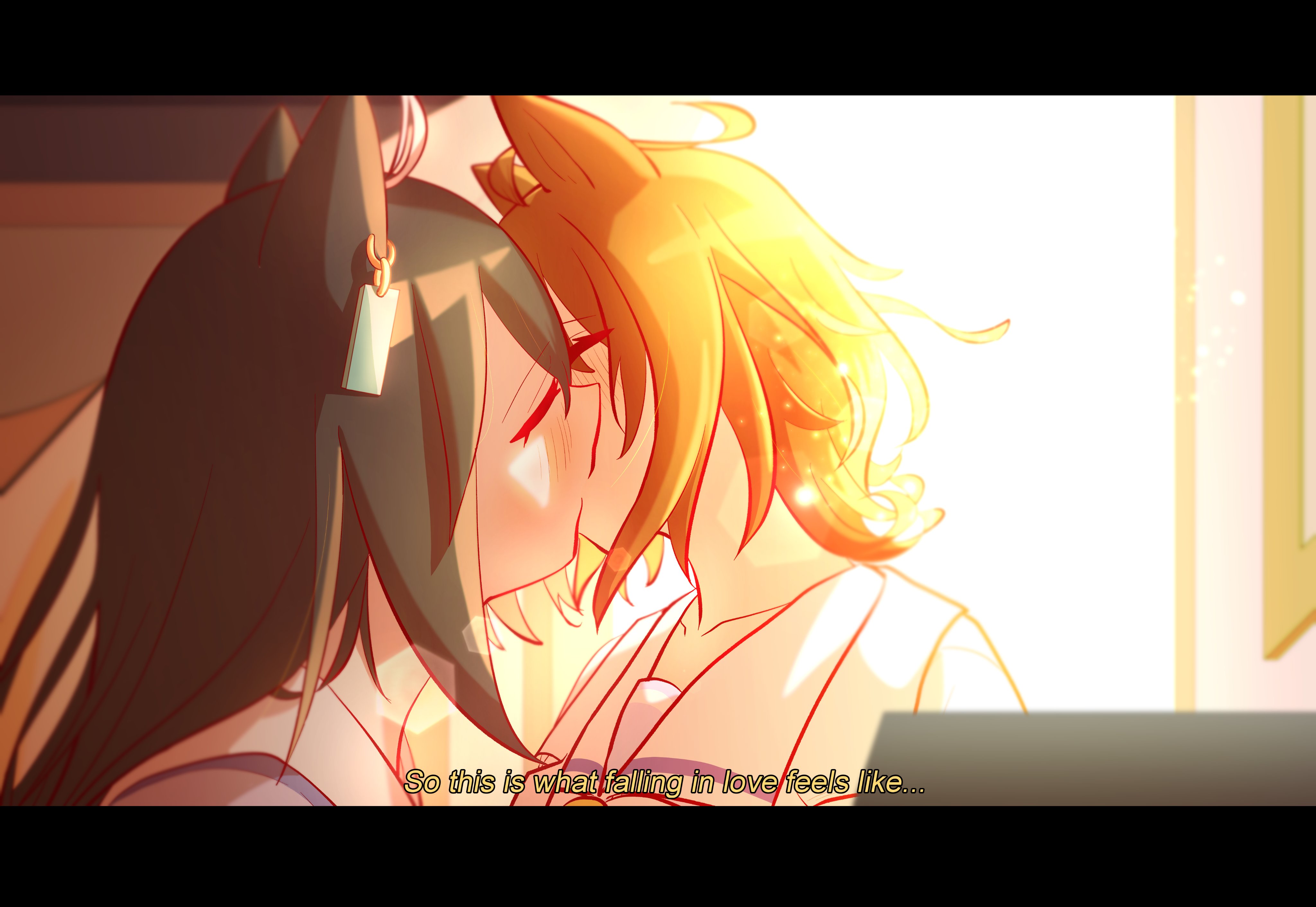 makouji1, agnes tachyon (umamusume), manhattan cafe (umamusume), umamusume, absurdres, commentary, english commentary, highres, 2girls, animal ears, black hair, blush, brown hair, closed eyes, english text, horse ears, horse girl, kiss, letterboxed, long hair, medium hair, multiple girls, sailor collar, school uniform, subtitled, tracen school uniform, white sailor collar, yuri