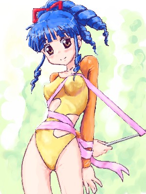 ookubo kumi, asuka 120%, lowres, 1girl, blue hair, brown eyes, drill hair, entangled, female focus, gymnastics, leotard, oekaki, ponytail, rhythmic gymnastics, ribbon, ribbon baton, solo