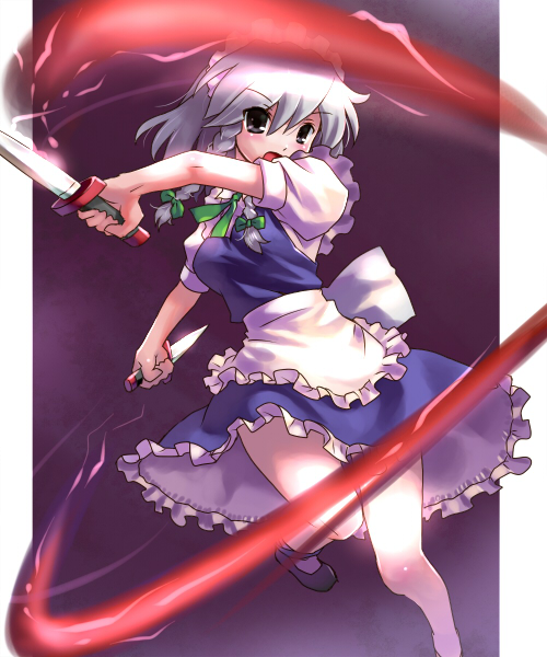 katahira masashi, izayoi sakuya, touhou, silver hair, 1girl, braid, breasts, dress, female focus, gradient background, knife, short hair, solo, throwing knife, twin braids, weapon