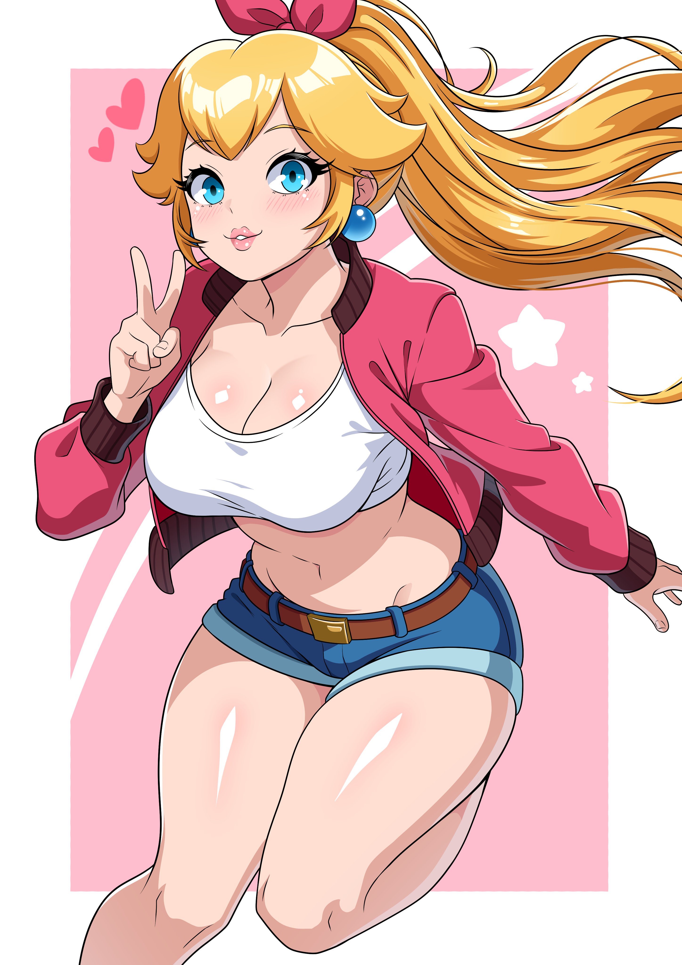 theoiledone, princess peach, princess peach (touring), mario (series), mario kart, mario kart world, nintendo, absurdres, commentary, highres, 1girl, belt, blonde hair, blush, breasts, cleavage, crop top, curvy, denim, denim shorts, earrings, hair ribbon, jacket, jewelry, large breasts, lips, looking at viewer, navel, open mouth, pink jacket, pink ribbon, ponytail, ribbon, shirt, short shorts, shorts, smile, solo, sphere earrings, standing, standing on one leg, stomach, thick thighs, thighs, v, white shirt
