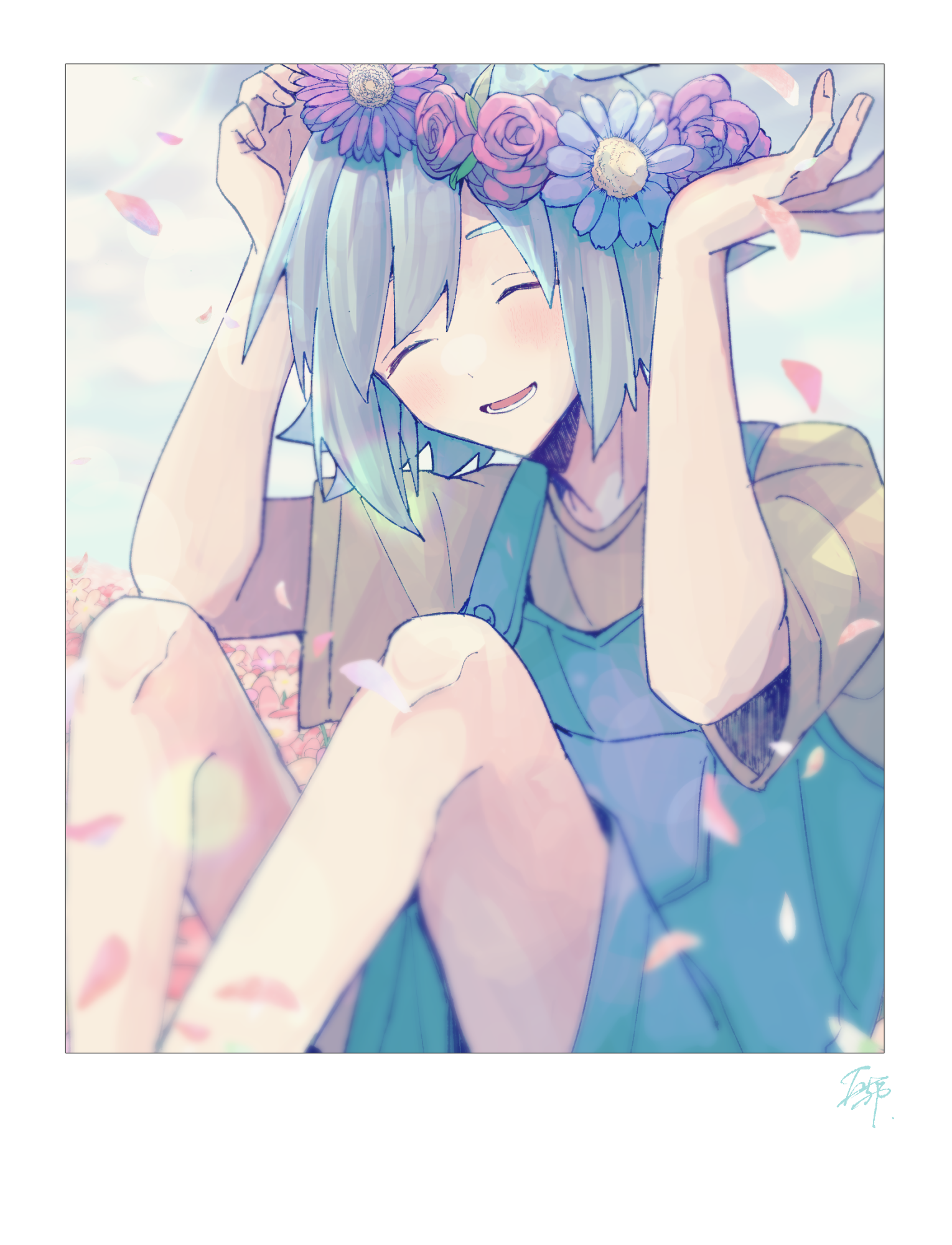 basil (headspace) (omori), basil (omori), omori, commentary request, highres, 1boy, :d, ^ ^, arms up, asgrbnpk, blue flower, blue hair, blue overalls, blue sky, blurry, blush, border, closed eyes, cloud, depth of field, falling petals, feet out of frame, field, fingernails, flower, flower field, flower wreath, green shirt, happy, head wreath, knees up, lower teeth only, male focus, open mouth, outdoors, overall shorts, overalls, petals, pink flower, pink petals, pink rose, rose, shirt, short hair, short sleeves, simple background, sitting, sky, smile, solo, teeth, tongue, white border