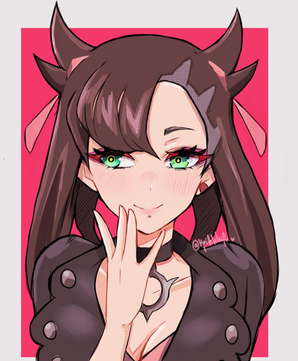 knifewaifu, marnie (pokemon), nintendo, pokemon, pokemon swsh, highres, 1girl, asymmetrical bangs, black choker, black hair, black jacket, blush, border, breasts, choker, cleavage, closed mouth, collarbone, dress, facing viewer, green eyes, hair ribbon, hand up, jacket, long hair, medium breasts, pink dress, red ribbon, ribbon, sideways glance, smile, solo, twintails, upper body, white border