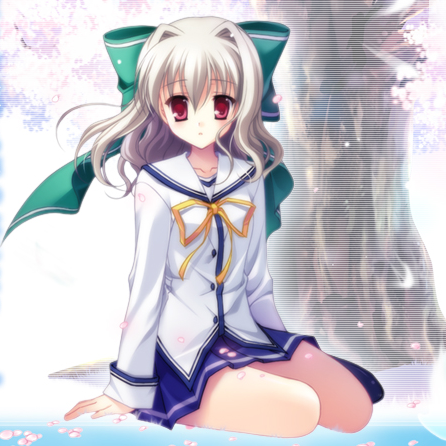 tanihara natsuki, aisia, da capo, da capo i, silver hair, lowres, 00s, 1girl, cherry blossoms, female focus, grey eyes, kneeling, red eyes, school uniform, serafuku, solo