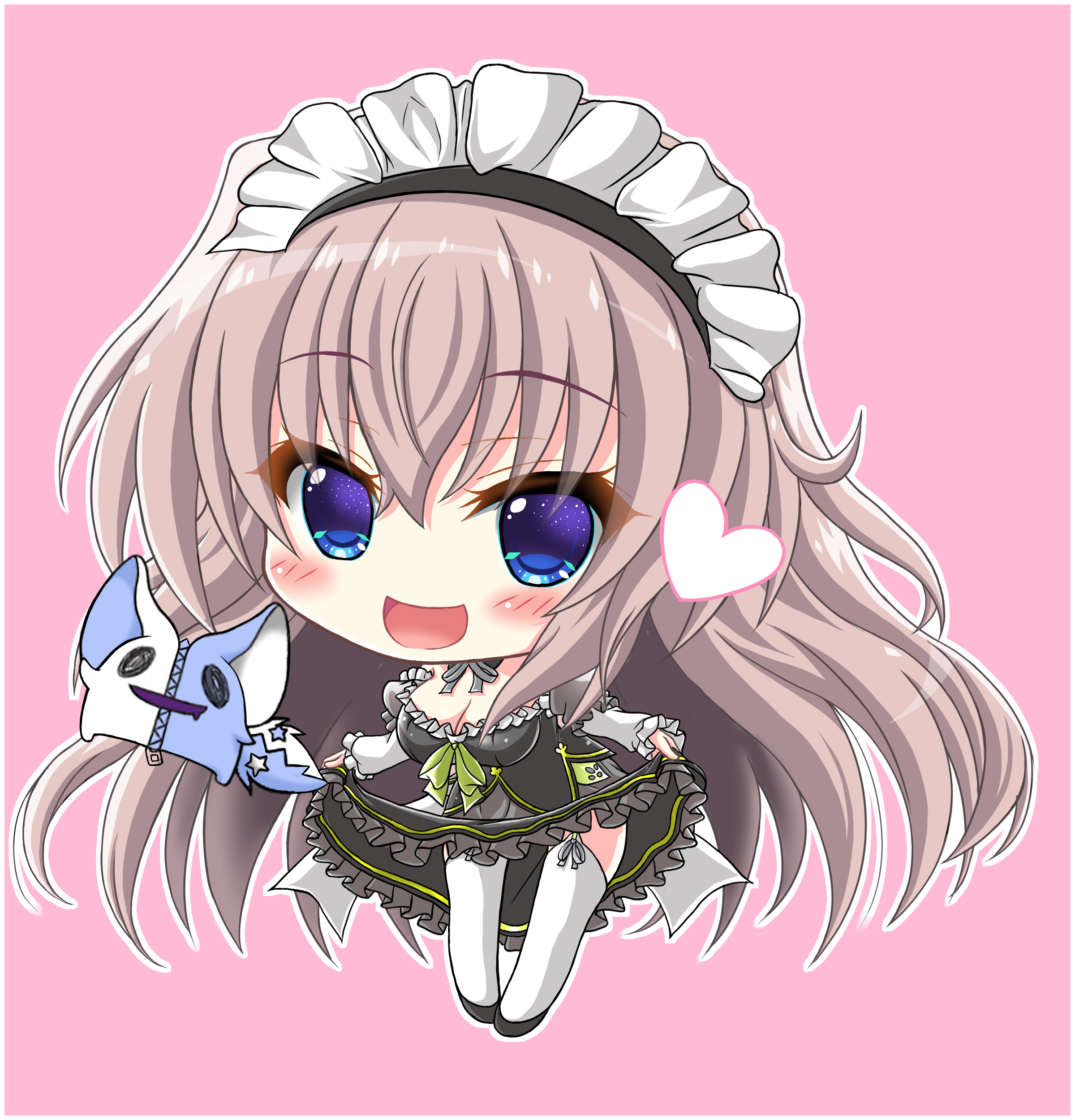 nineball0211, kujou miyako, sophitia, 9-nine-, absurdres, commentary request, highres, 1girl, :d, black dress, black shoes, blue eyes, blush, border, bow, breasts, brown hair, chibi, chibi only, cleavage, detached collar, dress, dress bow, eyelashes, frilled dress, frilled sleeves, frills, full body, garter straps, green bow, grey ribbon, hair between eyes, happy, heart, juliet sleeves, large breasts, long hair, long sleeves, looking at viewer, neck ribbon, nine ball maid uniform, official alternate costume, open mouth, pink background, puffy sleeves, ribbon, shoes, sidelocks, simple background, skirt hold, smile, solo, standing, star (symbol), thighhighs, very long hair, white border, white ribbon, white thighhighs