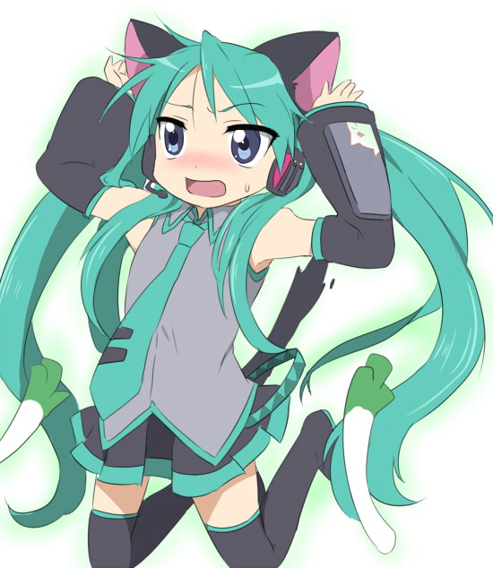 maruki (punchiki), hatsune miku, hiiragi kagami, lucky star, vocaloid, bad id, bad pixiv id, animal ears, aqua hair, blue eyes, cat ears, cosplay, detached sleeves, hatsune miku (cosplay), headphones, long hair, microphone, necktie, skirt, solo, spring onion, thighhighs, twintails, zettai ryouiki