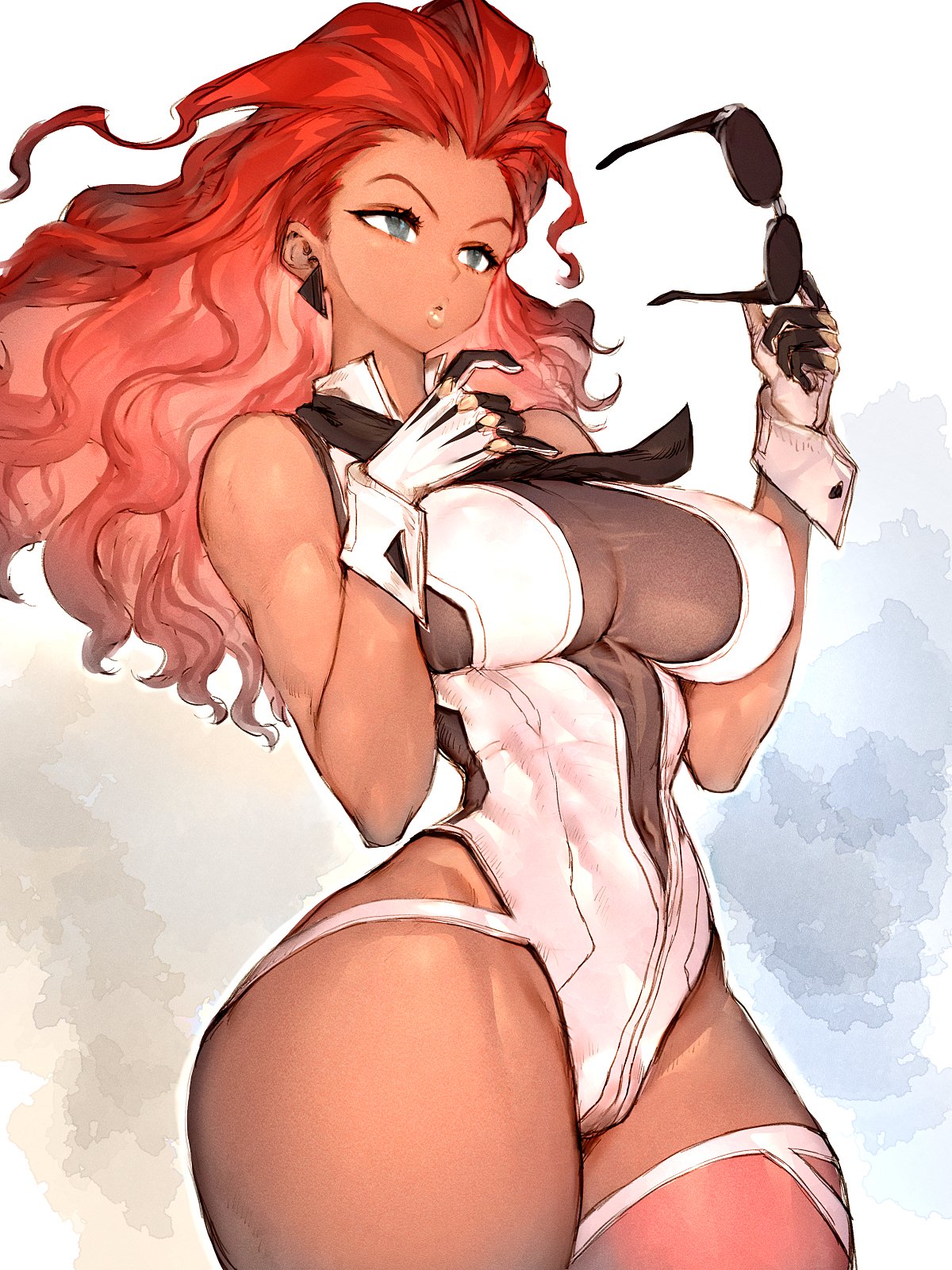 fumio (rsqkr), crimson viper, street fighter, street fighter 6, highres, 1girl, between breasts, braid, breasts, cleavage, dark-skinned female, dark skin, earrings, glasses, gloves, jewelry, large breasts, lips, long hair, looking at viewer, mature female, navel, necktie, necktie aside, necktie between breasts, orange-tinted eyewear, red hair, solo, sunglasses, tinted eyewear, yellow-tinted eyewear