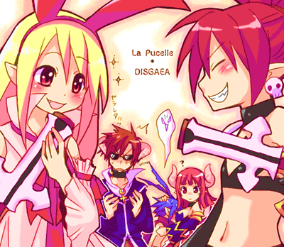 tsuyuka (sunny spot), croix raoul, etna (disgaea), flonne, flonne (fallen angel), laharl, maou prier, prier, disgaea, la pucelle, nippon ichi, questionmark, lowres, 2boys, 3girls, ?, blonde hair, blue hair, blush, brown hair, company connection, crossover, fang, grin, gun, horns, multiple boys, multiple girls, no legwear, pink hair, pointy ears, red hair, smile, weapon