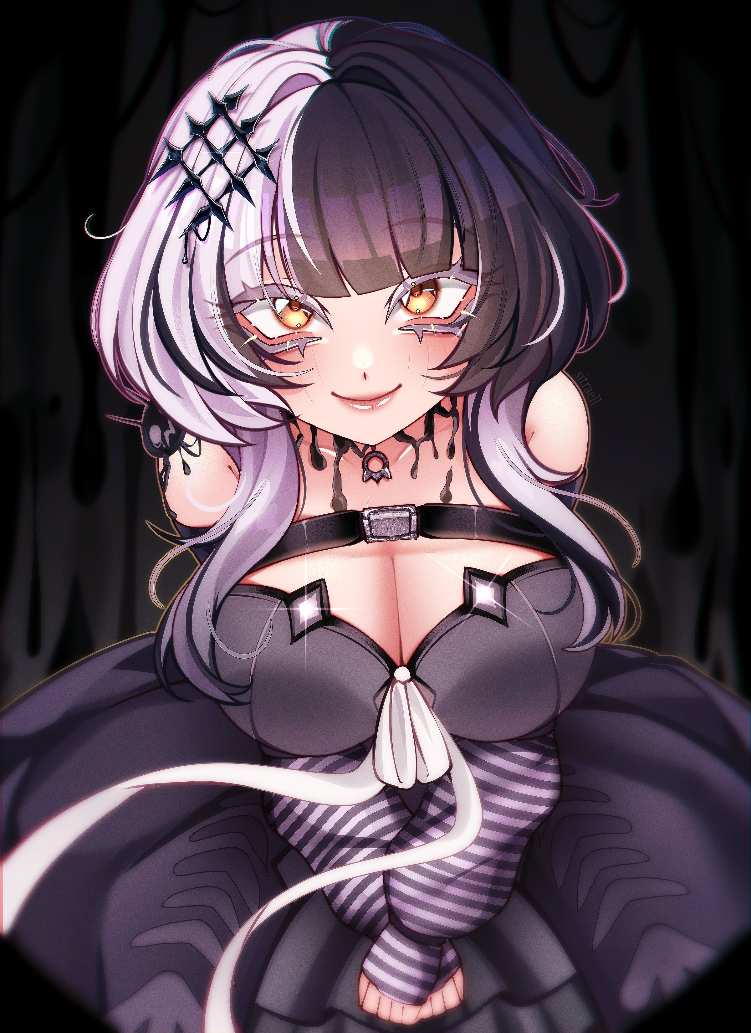 sitraell, shiori novella, shiori novella (1st costume), yorick (shiori novella), hololive, hololive english, absurdres, highres, 1girl, black arm warmers, black dress, black hair, breasts, cleavage, closed mouth, dress, grey hair, large breasts, leaning forward, long hair, looking at viewer, multicolored hair, ribbon, smile, solo, split-color hair, striped arm warmers, two-tone hair, virtual youtuber, white ribbon, yellow eyes