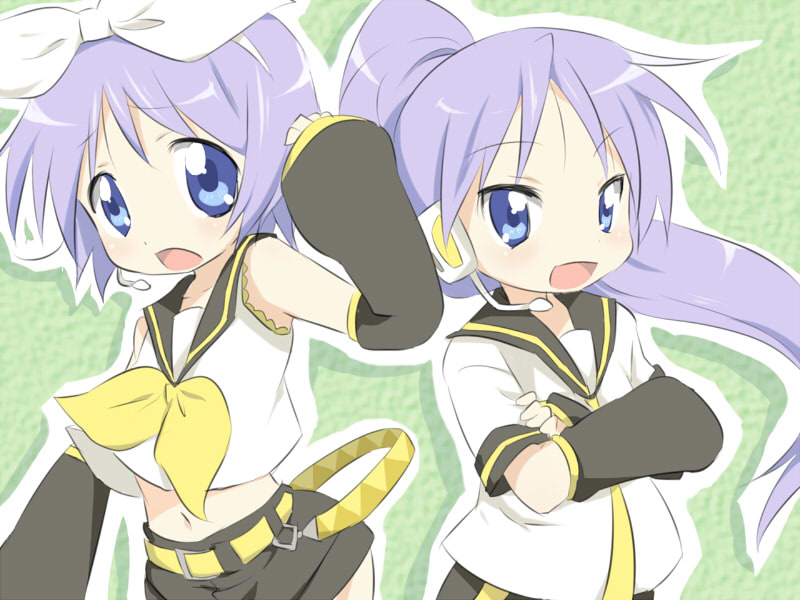 maruki (punchiki), hiiragi kagami, hiiragi tsukasa, kagamine len, kagamine rin, lucky star, vocaloid, bad id, bad pixiv id, alternate hairstyle, cosplay, detached sleeves, kagamine len (cosplay), kagamine rin (cosplay), midriff, ponytail, purple hair, ribbon, short hair, siblings, sisters