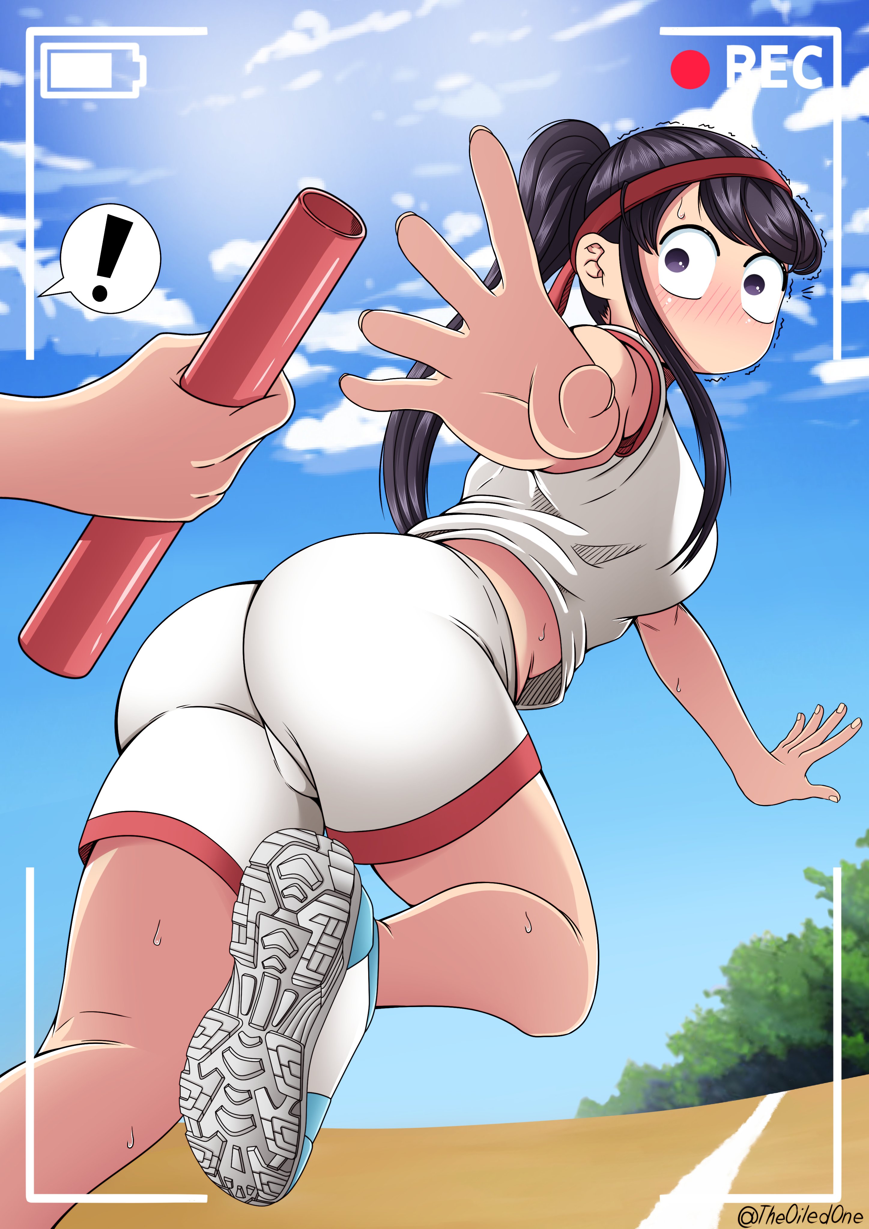 theoiledone, komi shouko, komi-san wa komyushou desu, absurdres, commentary, english commentary, highres, !, 1girl, artist name, ass, black hair, blue shoes, blue sky, breasts, day, from behind, gym shirt, gym shorts, headband, long hair, looking back, medium breasts, midriff peek, no mouth, outdoors, ponytail, reaching, recording, red headband, relay baton, shirt, shoes, shorts, sky, solo focus, spoken exclamation mark, viewfinder, white shirt, white shorts