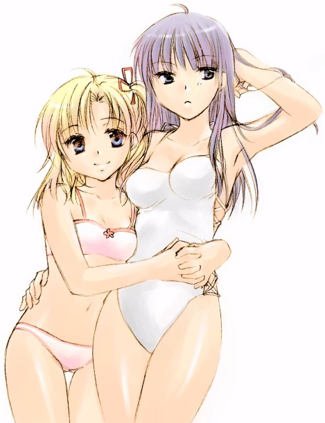 kanae funwa, fujibayashi kyou, okazaki tomomi, okazaki tomoya, sunohara youhei, sunohara youko, clannad, bad id, bad pixiv id, 00s, 2girls, bikini, blonde hair, blue eyes, genderswap, genderswap (mtf), hug, long hair, multiple girls, one-piece swimsuit, purple eyes, purple hair, short hair, swimsuit