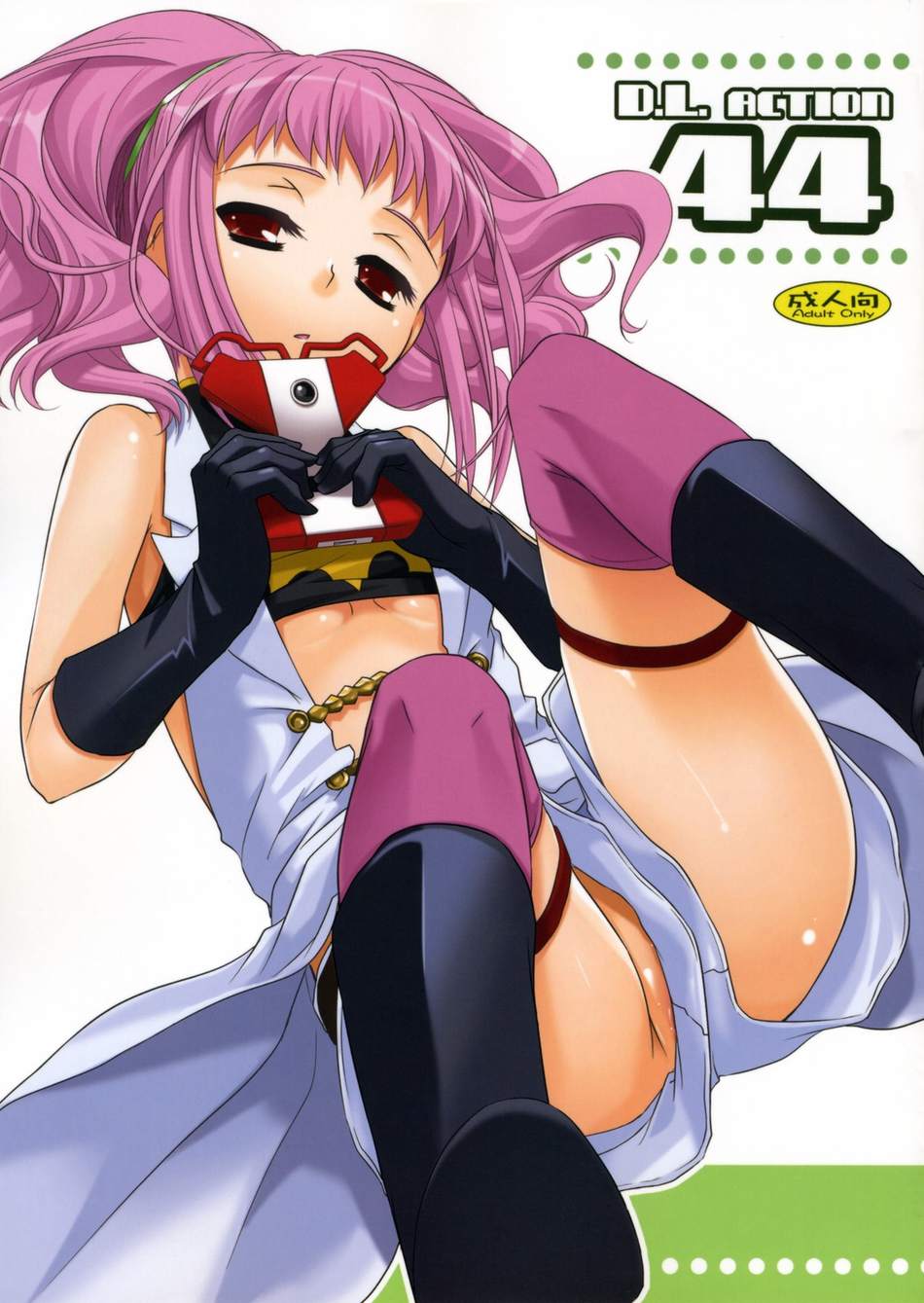 nakajima yuka, anya alstreim, code geass, highres, 00s, gloves, no bra, no panties, partially visible vulva, pink eyes, red eyes, shorts, solo, thighhighs, upshorts