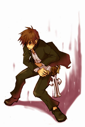 tsuyuka (sunny spot), croix raoul, la pucelle, nippon ichi, lowres, brown eyes, brown hair, gun, male focus, pants, shoes, short hair, solo, weapon