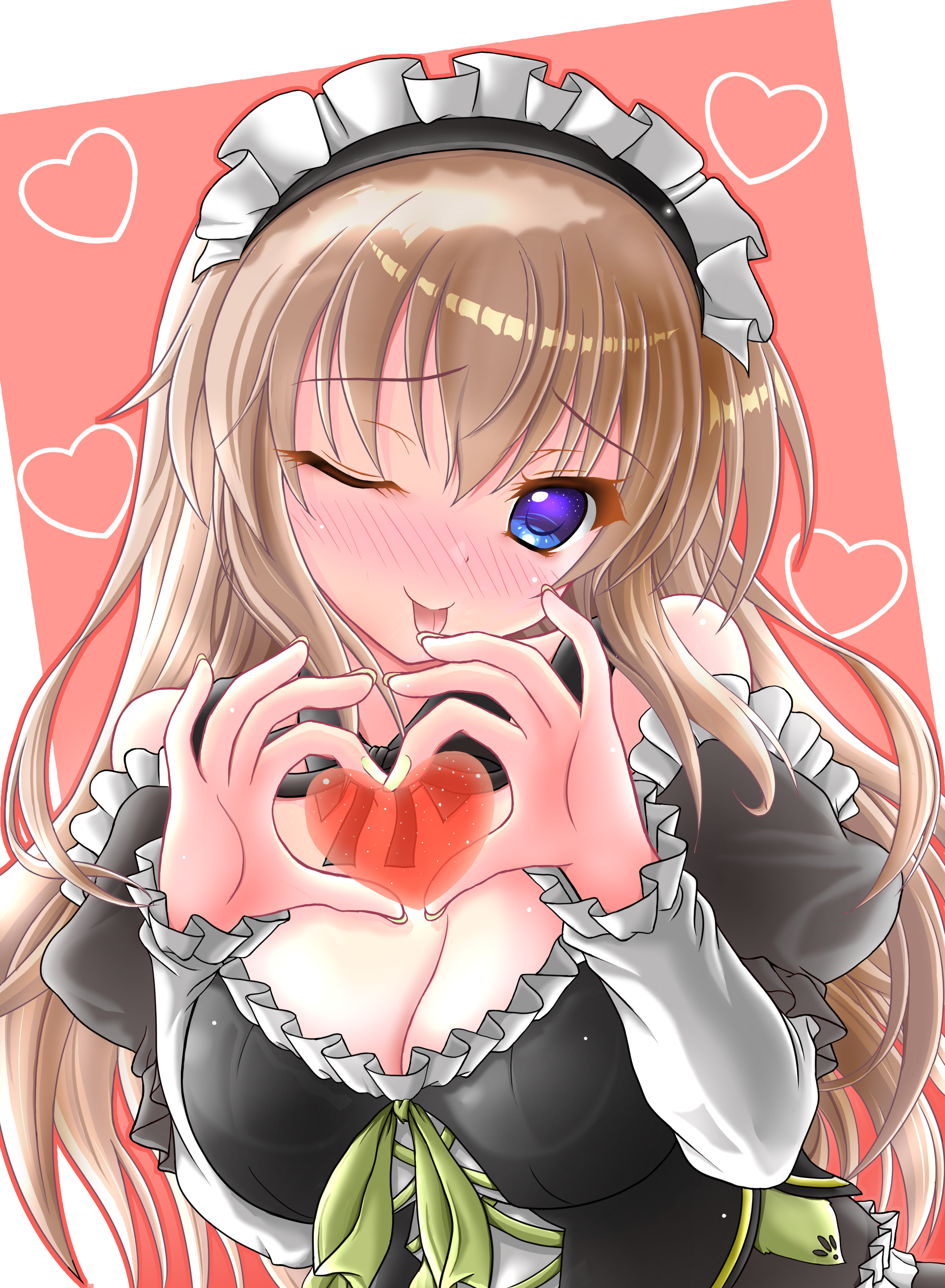nineball0211, kujou miyako, 9-nine-, absurdres, commentary, commission, highres, skeb commission, 1girl, ;p, bare shoulders, black dress, blue eyes, blush, bow, breasts, brown hair, cleavage, closed mouth, detached collar, detached sleeves, dress, dress bow, four-finger heart hands, frilled dress, frilled sleeves, frills, furrowed brow, green bow, green nails, hands up, head tilt, heart, heart hands, heart in heart hands, juliet sleeves, large breasts, long hair, long sleeves, looking at viewer, maid, maid headdress, nail polish, nine ball maid uniform, nose blush, official alternate costume, one eye closed, pink background, puffy sleeves, sidelocks, simple background, smile, solo, tehepero, tongue, tongue out, upper body, very long hair