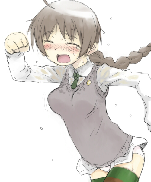 kikai (akita morgue), lynette bishop, strike witches, world witches series, 00s, 1girl, blush, braid, breasts, closed eyes, female focus, medium breasts, panties, running, single braid, solo, striped clothes, striped thighhighs, sweat, sweatdrop, thighhighs, underwear