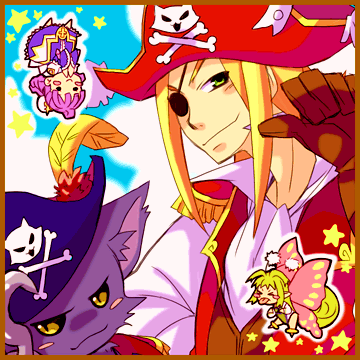 tsuyuka (sunny spot), eclair (la pucelle), homard, mamelon, nyanko (marl kingdom), yattanya, la pucelle, nippon ichi, lowres, 1boy, 2girls, blonde hair, cat, dress, fairy, green eyes, green hair, hat, multiple girls, pirate, purple hair, smile, wings