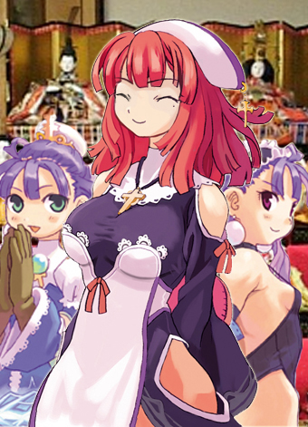 ryoji (nomura ryouji), dark eclair, eclair (la pucelle), prier, la pucelle, nippon ichi, lowres, 3girls, breasts, large breasts, multiple girls, panties, pantyhose, purple hair, red hair, sideboob, thong, underwear