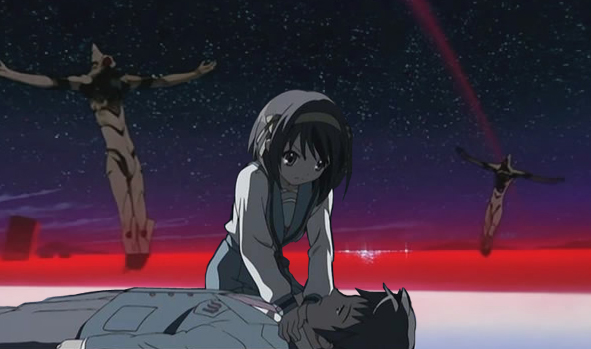 kyon, suzumiya haruhi, neon genesis evangelion, suzumiya haruhi no yuuutsu, the end of evangelion, anime screenshot, spoilers, third-party edit, 1boy, 1girl, parody, strangling
