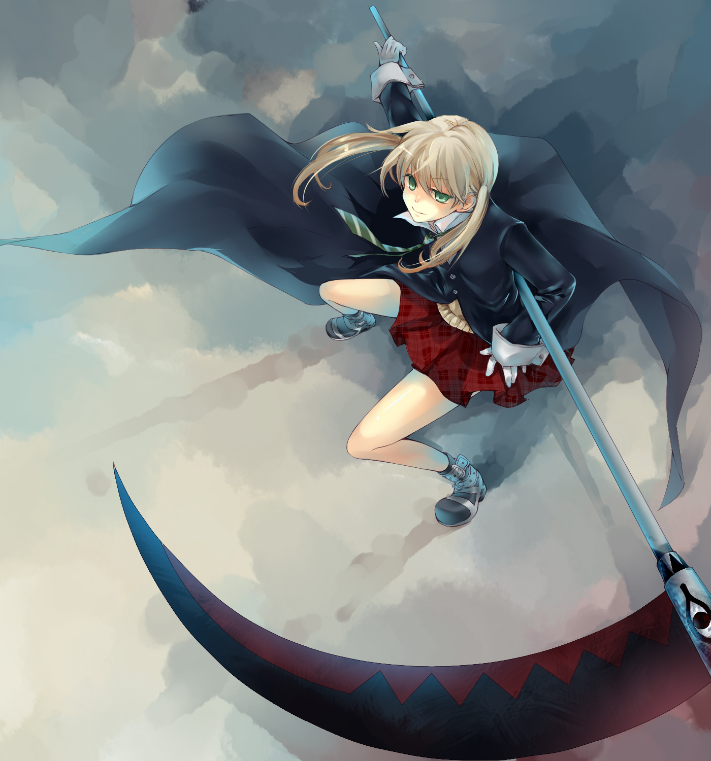 dhiea, maka albarn, soul eater, bad id, bad pixiv id, highres, 00s, 1girl, blonde hair, female focus, gloves, green eyes, long hair, necktie, plaid clothes, plaid skirt, scythe, skirt, solo, twintails