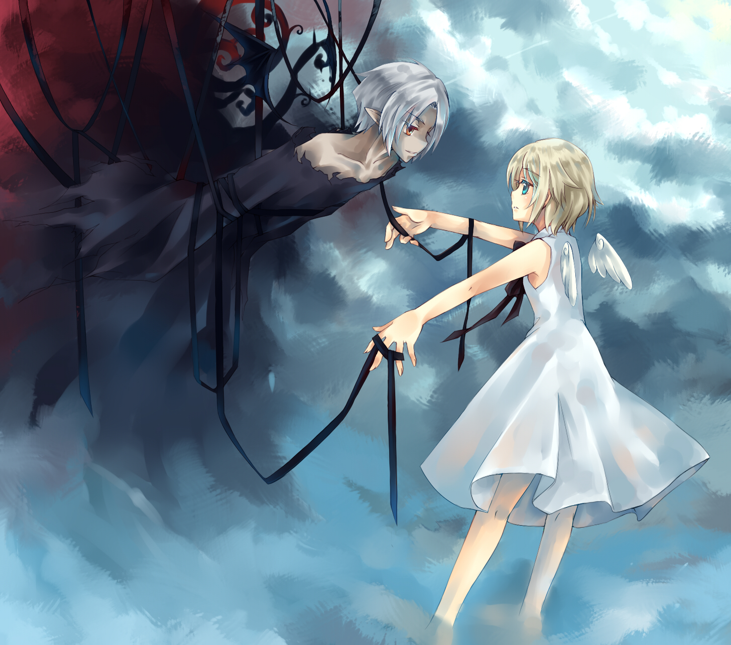 dhiea, eien no shounen, lost-ko, lost (sound horizon), sound horizon, silver hair, bad id, bad pixiv id, highres, aqua eyes, blonde hair, dress, orange eyes, pointy ears, ribbon, short hair, wings