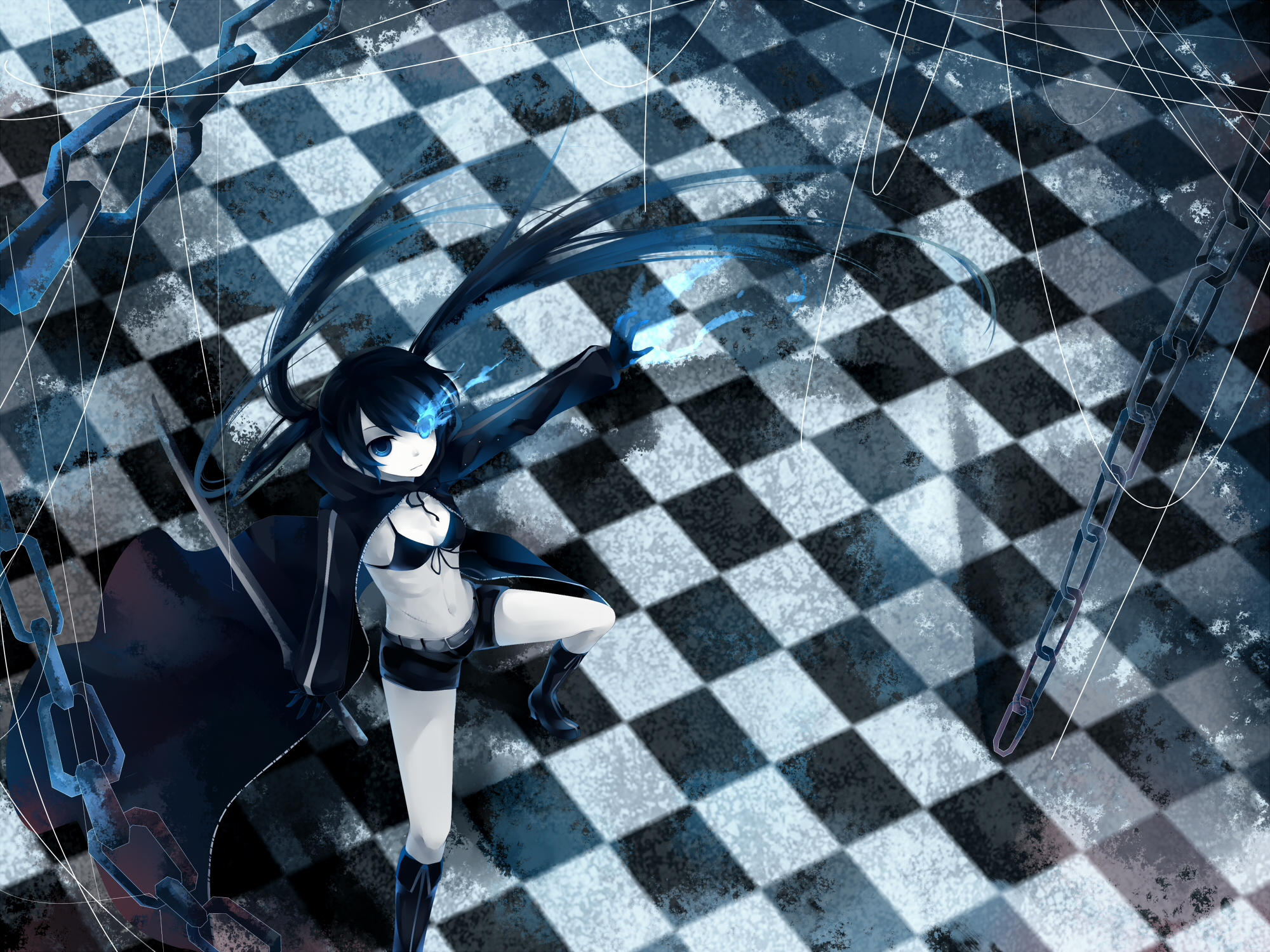 dhiea, black rock shooter (character), black rock shooter, vocaloid, bad id, bad pixiv id, highres, 10s, 1girl, belt, bikini, bikini top only, black hair, blue eyes, chain, checkered floor, female focus, katana, long hair, navel, pale skin, scar, shorts, solo, stitches, swimsuit, sword, twintails, weapon