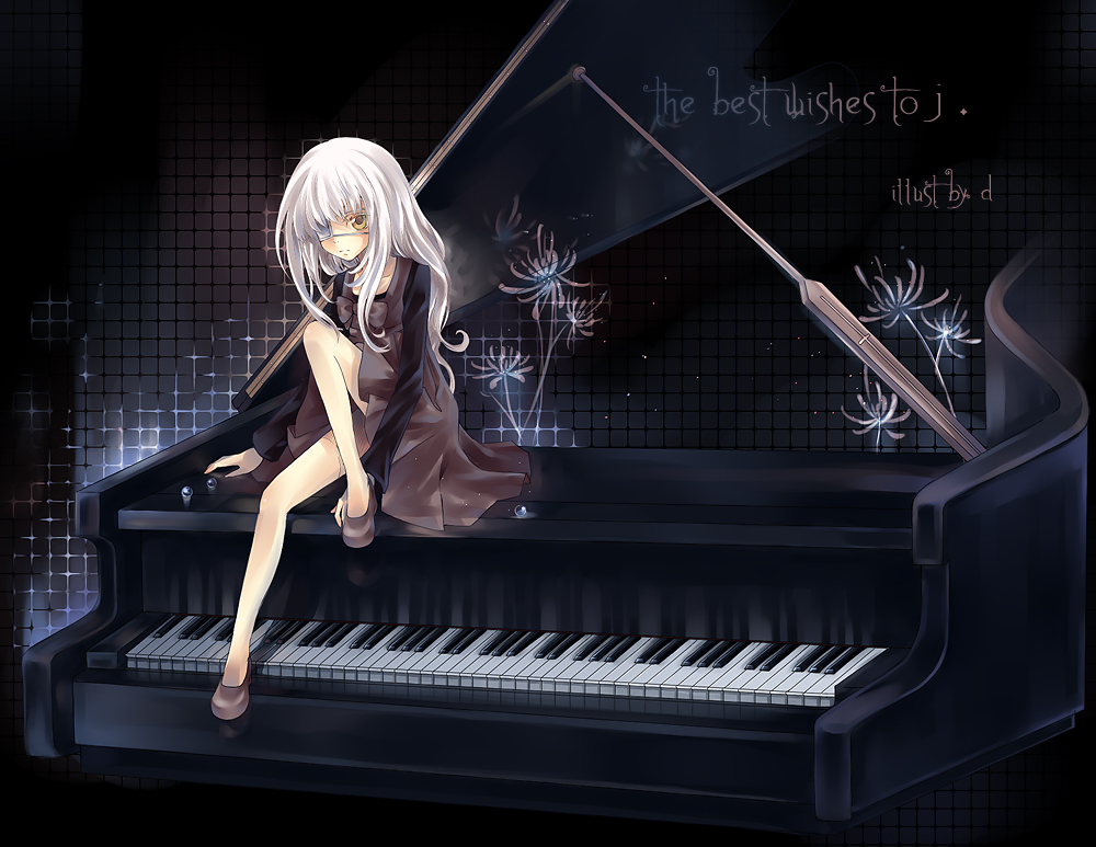dhiea, eyepatch, flower, grand piano, instrument, long hair, piano, sitting, white hair, yellow eyes