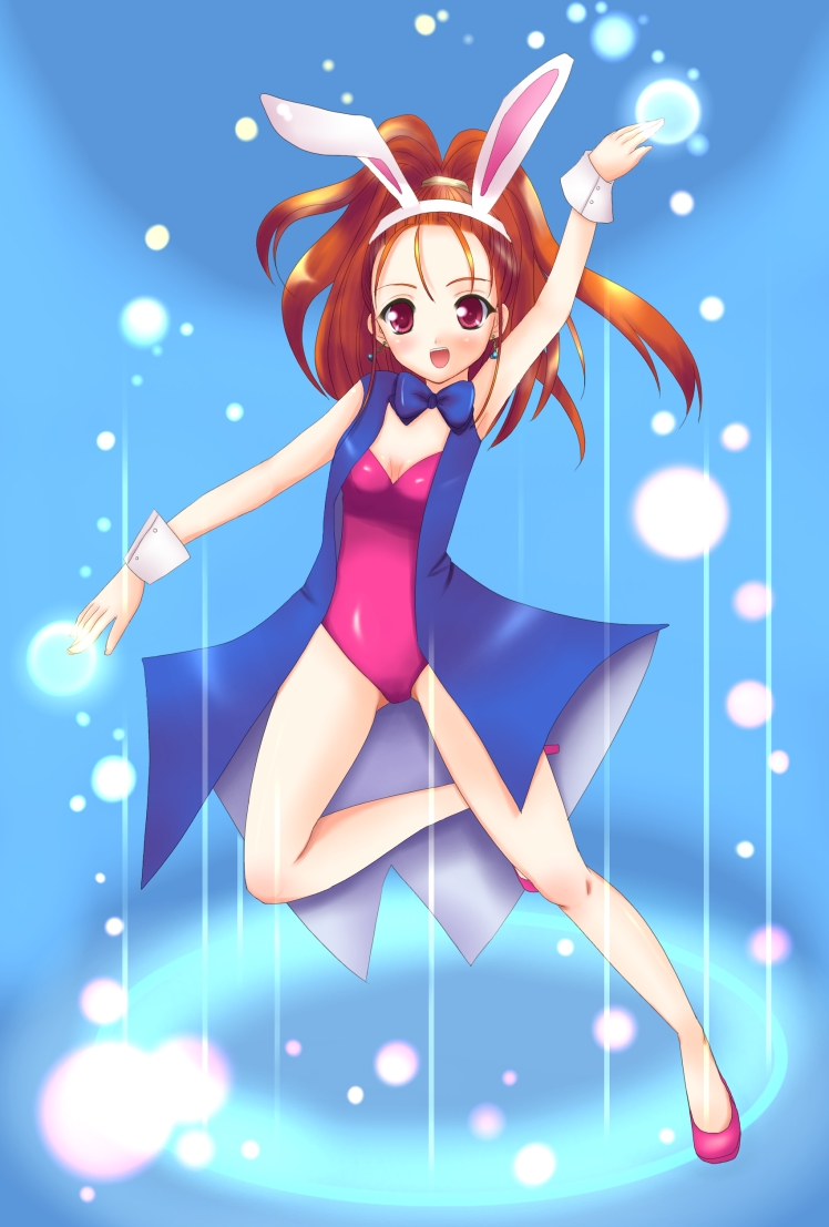 isumi nekorin, barbara (dq6), dragon quest, dragon quest vi, 1girl, animal ears, bare legs, brown hair, fake animal ears, female focus, forehead, high ponytail, jumping, long hair, playboy bunny, ponytail, rabbit ears, red eyes, solo, vest