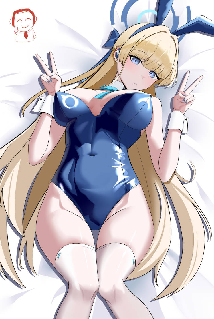 rain sorrow, sensei (blue archive), toki (blue archive), toki (bunny) (blue archive), blue archive, 1boy, 1girl, animal ear hairband, animal ears, bed, bed sheet, between breasts, blonde hair, blue eyes, blunt bangs, bow, breasts, breasts apart, detached collar, double v, earbuds, earphones, fake animal ears, hair intakes, halo, head tilt, highleg, knees together feet apart, large breasts, long hair, lying, nail polish, on back, playboy bunny, rabbit ear hairband, rabbit ears, ribbon, thigh gap, thighhighs, v, wrist cuffs