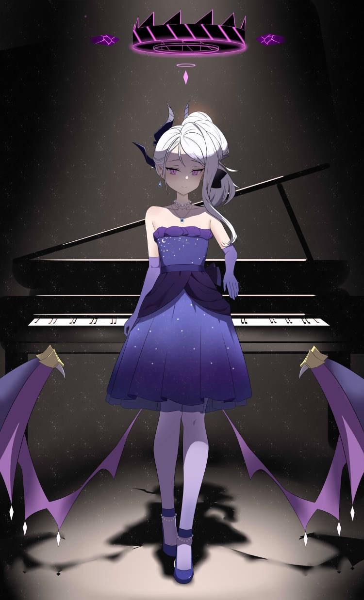 rain sorrow, hina (blue archive), hina (dress) (blue archive), blue archive, highres, 1girl, anklet, arm warmers, armpit crease, dress, earrings, flat chest, hair bun, hair up, halo, high heels, horns, instrument, jewelry, looking at viewer, mechanical halo, necklace, pantyhose, piano, purple eyes, shadow, simple background, solo, standing, strapless, strapless dress, swept bangs, walking, white hair, wings
